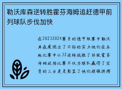 勒沃库森逆转胜霍芬海姆追赶德甲前列球队步伐加快