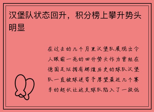 汉堡队状态回升，积分榜上攀升势头明显