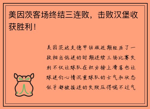 美因茨客场终结三连败，击败汉堡收获胜利！